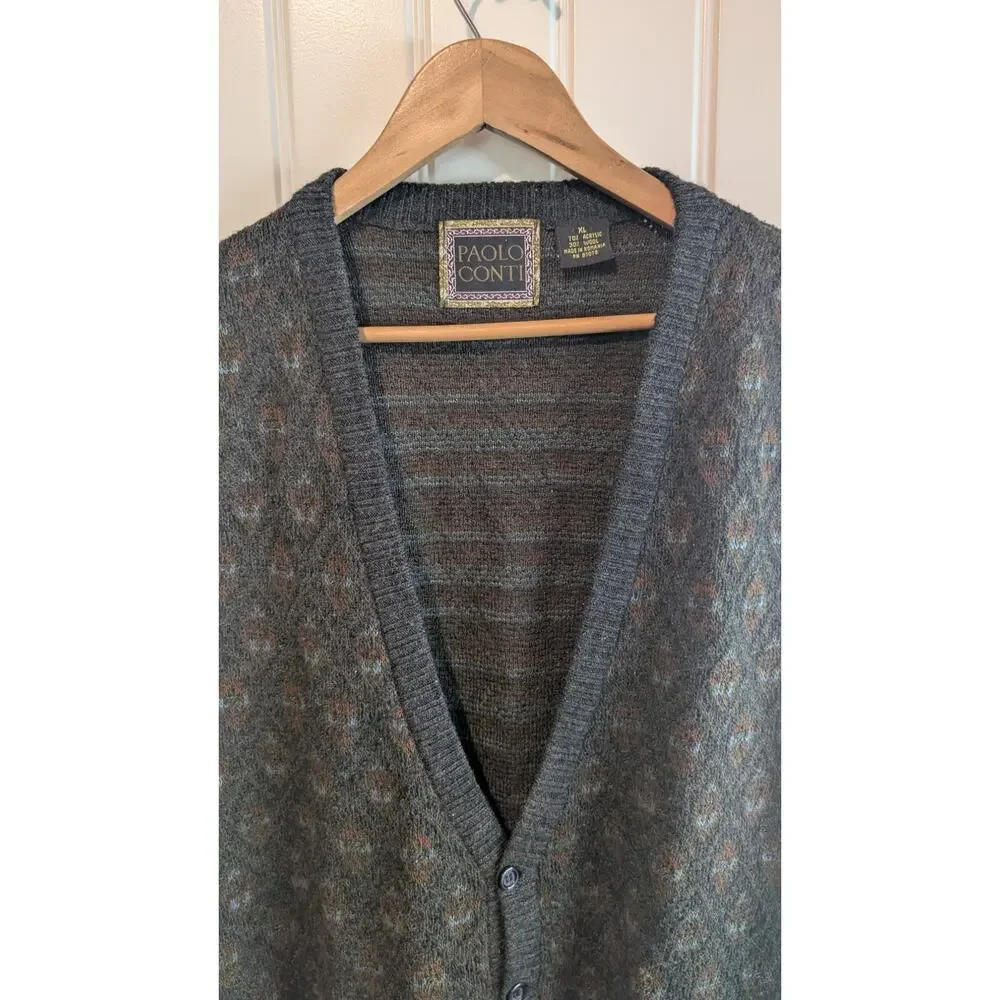 Vintage Sweater Vest Mens XL Gray Wool Geometric 90s Preppy Academia Grandpacore